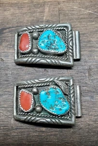 Vintage Pair Watch Tips .925 Silver Real Turquoise Red Coral Native American - Picture 1 of 12