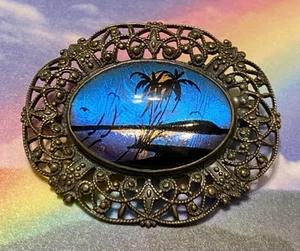 Vintage ART DECO Palmen/Sonnenuntergang Filagree Oval Brosche/Anstecknadel - Bild 1 von 6