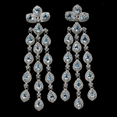 GENUINE AAA SKY BLUE TOPAZ PEAR & WHITE CZ STERLING 925 SILVER DANGLE EARRING - Image 1 of 4
