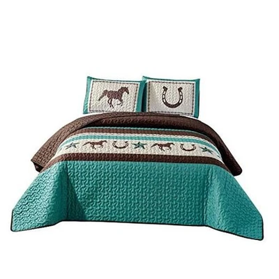  Western Teal/Beige/Brown Horseshoe, Horse, Barb Wire Cowboy Print Size Queen - Image 1 of 4