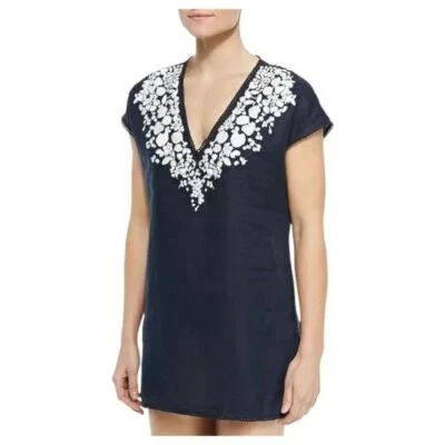 Top túnica Tory Burch azul marino blanco Issy ribete de vieira bordado lino talla XS Foto 1 de 4