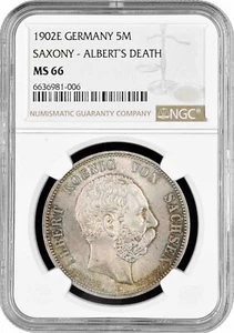Moneda de plata Sajonia 5 marcos 1902 E, NGC MS66, "Muerte de Alberto de Sajonia" - Imagen 1 de 2