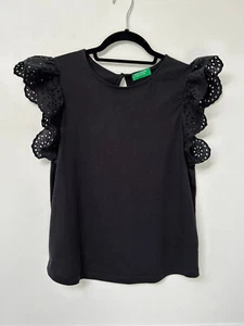 BENETTON Black 100% Cotton Brodrais Anglais Frill Short Sleeve TShirt M UK10-12 - Picture 1 of 8