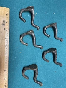 Set of 5 old, true vintage, cast steel, 2 prong coat, hat, jacket rack hooks Lot - Picture 1 of 7
