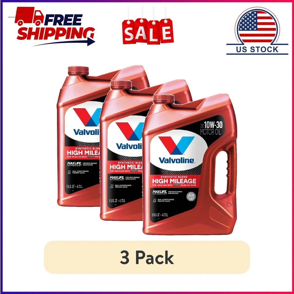 (Paquete de 3) Aceite de motor Valvoline alto kilometraje MaxLife 10W-30 mezcla sintética 5 cuartos de galón Foto 1 de 4