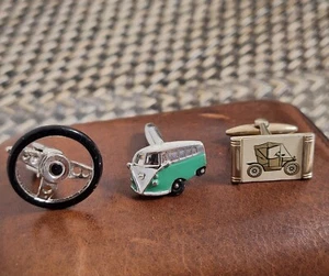 Vintage!🔥 Trio-GOLD-SILVER TONE WHEEL, CAMPER VAN & VINTAGE CAR Cufflinks~ - Picture 1 of 2