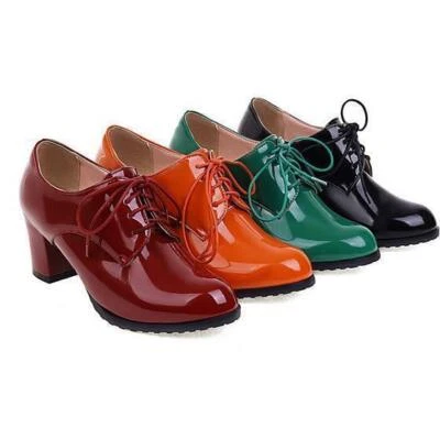 Women Ladies Faux Leather Lace Up Block Heels Shoes Preppy Casual Work Dress SZ - Image 1 of 4