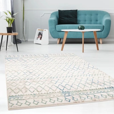 Teppich Modern Flachflor Geometrisches Muster Pastell-Blau Wohnzimmer - Bild 1 von 4