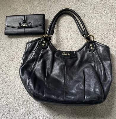 Authentic COACH Ashley Black Leather Shoulder Bag F23308 & Matching Wallet - Image 1 of 4
