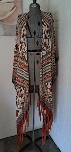 Womens Vest Duster Long Fringe Geo Floral Boho Whimsy Hippie Festival Size L - Picture 1 of 5