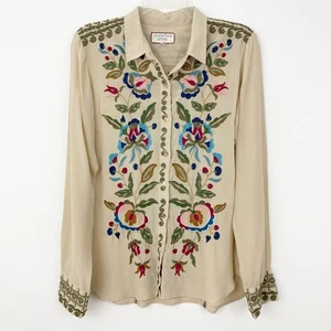 Johnny Was Silk Embroidered Button Up Shirt Size S Tan Long Sleeve Collar Boho - Picture 1 of 14
