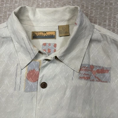 Шелковая гавайская рубашка Bobby Chan мужская L с коротким рукавом на пуговицах бежевая 100% шелк - Изображение 1 из 4