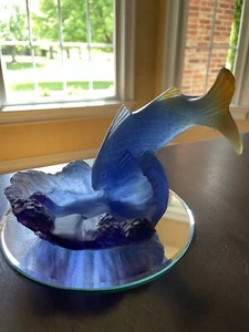 Signed Daum Pate De Verre Leaping Fish On Wave Trinket Dish- MINT - Picture 1 of 14