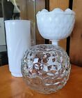 Vintage Bundle Clear Fairy Lamp, Milk Glass Pedestal Compote & Hazel Atlas Vase