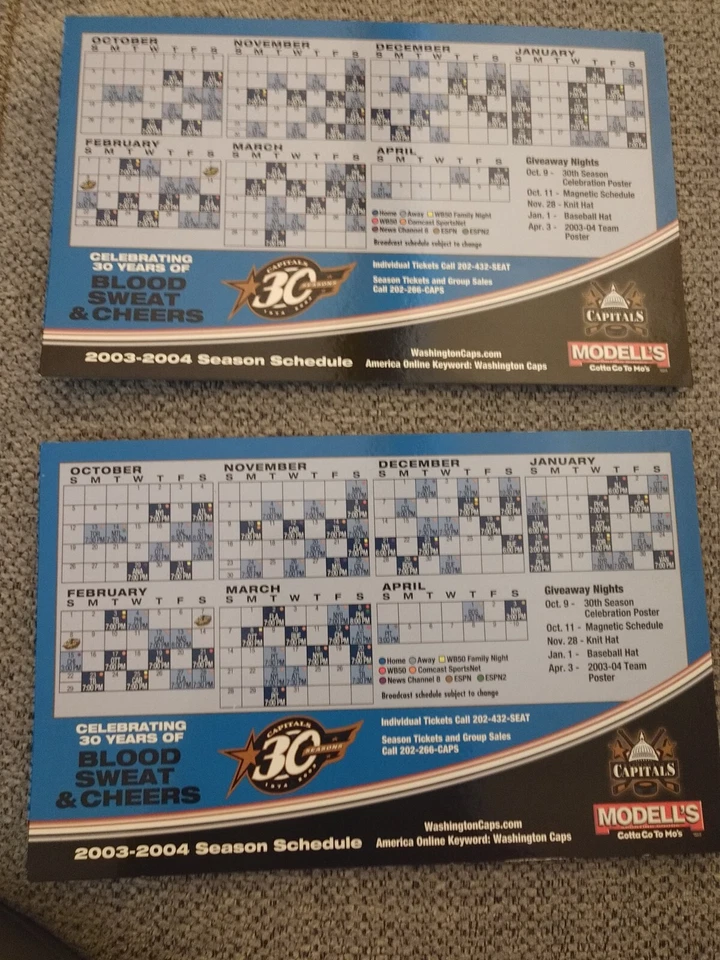 Washington Capitals 2003-2004 imán HORARIO modelos, 30 aniversario lote de 2 Foto 1 de 1