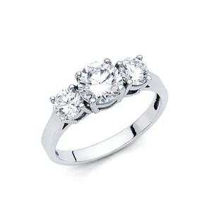 Real 14k White Gold Heart 3 Stone Round Solitaire CZ Engagement Wedding Ring - Picture 1 of 1