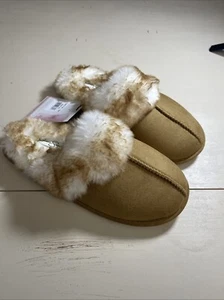 JESSICA SIMPSON TAN MICRO SUEDE FAUX FUR ULTRA COMFY SCUFF SLIPPER WOMENS 11-12 - Picture 1 of 6