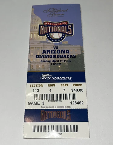 Washington Nationals Vs Arizona Diamondbacks Game day ticket Stub. 4/17/2005 Cover