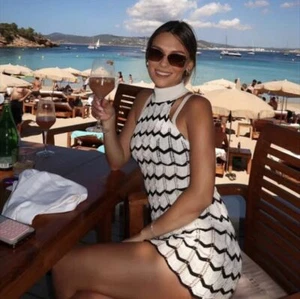Black And White Knitted Crochet Summer Halterneck Mini Dress - Size (UK 12-14)# - Picture 1 of 4