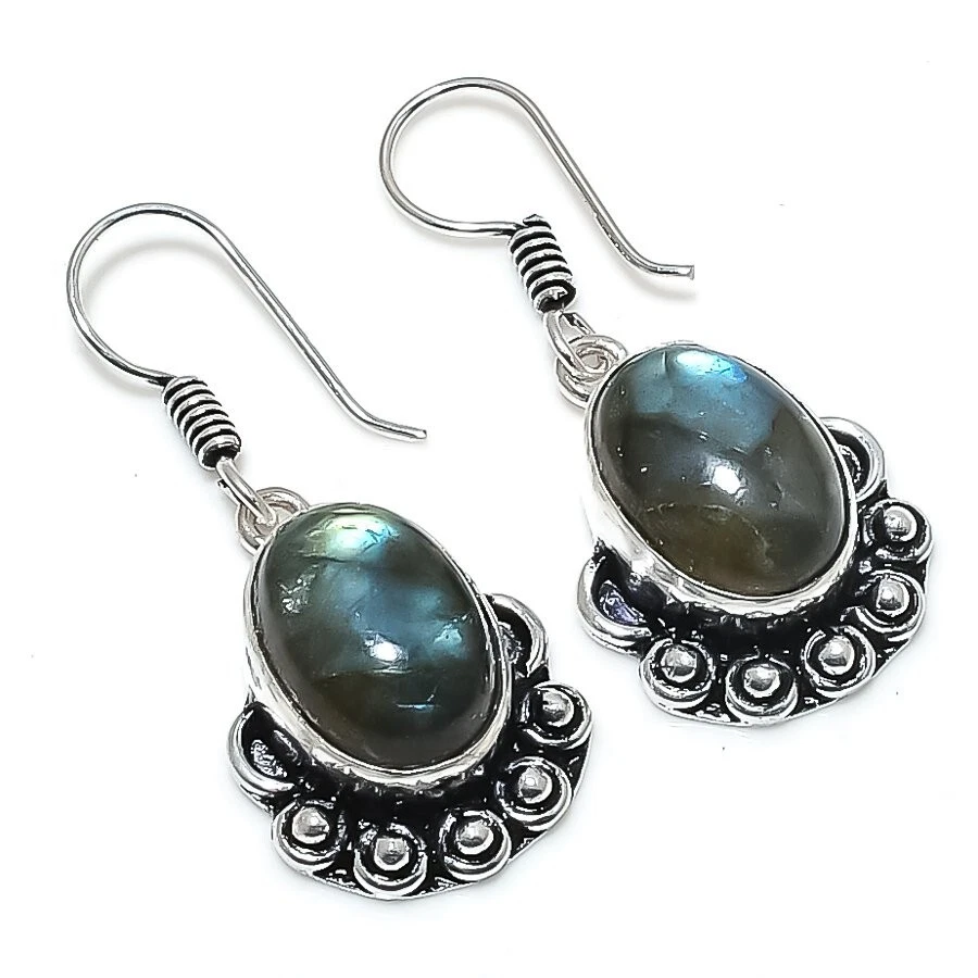 Fire Labradorite Gemstone Handmade 925 Sterling Silver Jewelry Earring Sz 0.8'' - Image 1 of 1