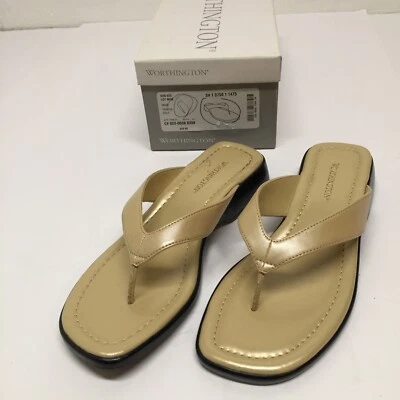 Sandalias Worthington Tribeca Doradas Tanga Talla 6 Chanclas Cuero Sintético Foto 1 de 4