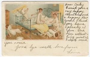 PILLOW FIGHT, HOME FOR THE HOLIDAYS - Early Children Art Postcard Tuck No 197 - Picture 1 of 2