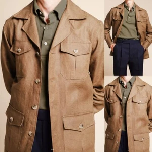 Linen Men's Safari Jacket Casual Leisure Blazer Khaki British Style Jacket Coat - Picture 1 of 7