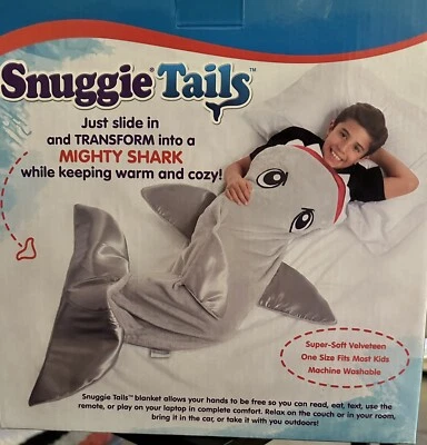 Snuggie Tails 灰色鲨鱼儿童毯子拥抱野营休闲舒适 — 第 1/4 张图片