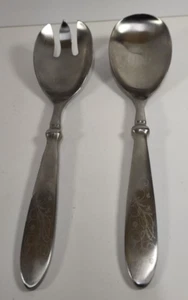 Vintage Cast Aluminum/Stainless Steel Salad Servers - Spoon & Fork Set - Etched - Imagen 1 de 13