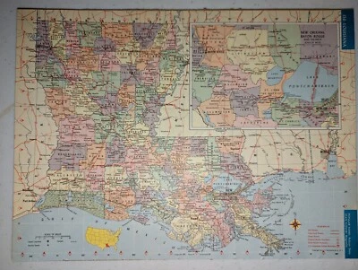 Mapa do estado Atlas vintage página colorida Louisiana ou Kansas 9 polegadas x 12 polegadas - Imagem 1 de 2