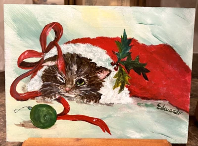 Gato Gatito Navidad Arte Pintura en Exhibición Soporte De Colección Firmado Decoración Vacacional 6" Foto 1 de 4
