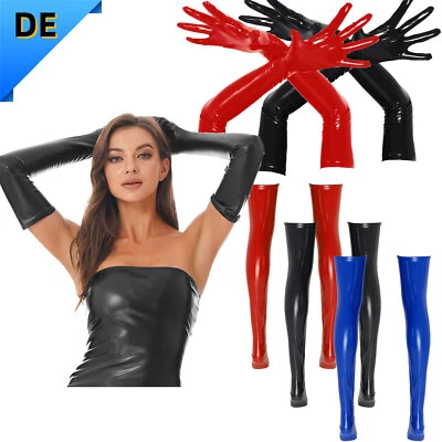 Damen Wet-Look Faux Leder Lange Handschuhe/Oberschenkel Hohe Strümpfe Clubwear - Bild 1 von 4