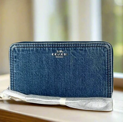 Coach CAO79 Larga Cremallera Alrededor Billetera Teléfono Muñequera Denim Plata Índigo ORGPKG Foto 1 de 4