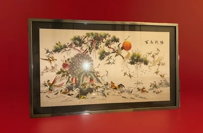 SILVER Framed ANTIQUE EARLY 20c CHINESE SILK BIRD + NATURE EMBROIDERY *NEW SALE* - Image 1 of 4