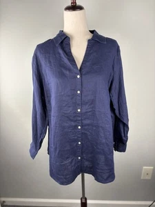 Camicia tunica lino Sigrid Olsen taglia 1X bottoni scollo a V rotolo linguetta manica blu - Foto 1 di 9