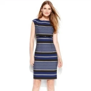 NWT Calvin Klein Striped Sleeveless Sheath Dress Womens Sz 12 Blue Gray - Picture 1 of 14