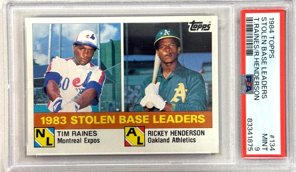 1984 Topps Stolen Base Leaders #134 Tim Raines/Rickey Henderson PSA 9 - Image 1 of 1