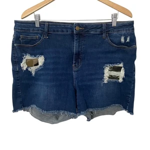 Pantalones Cortos Vaqueros Judy Azul Camuflaje Parche Cintura Alta Lavado Oscuro Envejecido Plus 3XL - Imagen 1 de 12