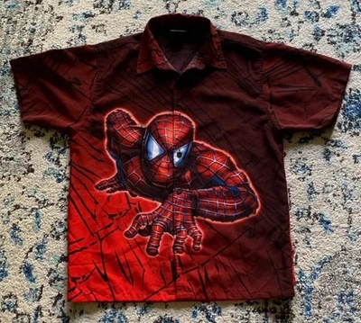 VTG 2002 Spider Man Mens Small Red Short Sleeve Button Up Shirt AOP Y2K MARVEL - Image 1 of 4