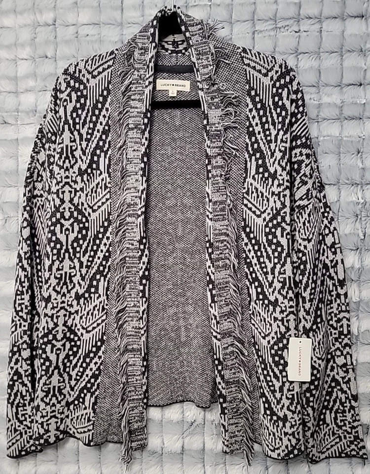 Suéter cárdigan gris y negro Lucky Brand para mujer grande plumero delantero abierto Foto 1 de 3