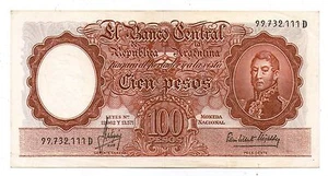 BILLETE ARGENTINA 1966 100 PESOS L. 12962 y 13571 Serie D - P#272c - B#2072 - RRR - Imagen 1 de 2