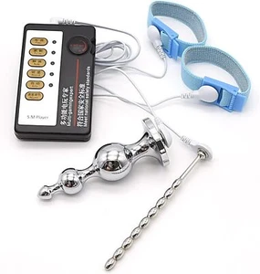 Gourd-Shaped Metal Electric Plug Urethral Chastity Cage Dilator Penis E-Stim Set - Picture 1 of 7