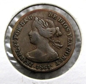 1861 Spain 20 Reales Copper Coin - 16mm & 1.2 grams - Picture 1 of 2