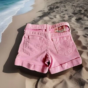 TRUE RELIGION “HEIDI” BOW BELTED DENIM JEAN SHORTS PASTEL PINK GIRLS SIZE 6 - Picture 1 of 7