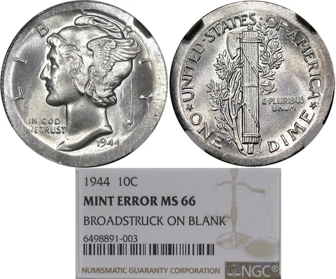 1944 10C NGC MS66 "BROADSTRUCK ON BLANK" MERCURY ~ GORGEOUS HIGH-GRADE ERROR! Cover