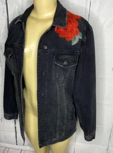 American Eagle Denim Jacket Long Oversized Embroidered Floral Distressed Black S - Picture 1 of 11