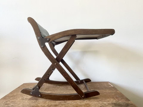 Vintage Antique Folding Wooden Rocking Chair Green Leather Nailheads! Cover