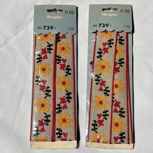 Vintage Wrights skandinavisch rot gelb schwarz 1" Blumen bestickt Band Borte NEU - Bild 1 von 3