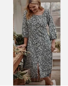 J. Jill Midi XL Tall A Line Black White Floral 3/4 Sleeve Romantic Cottagecore - Picture 1 of 9