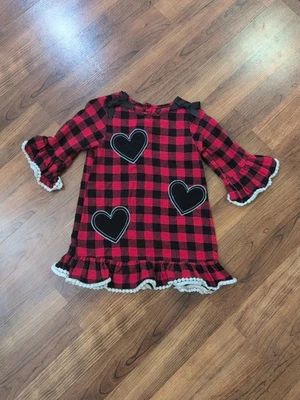 Vestido Good Lad niña pequeña rojo/negro a cuadros con corazones volantes lazos talla 4T Foto 1 de 4